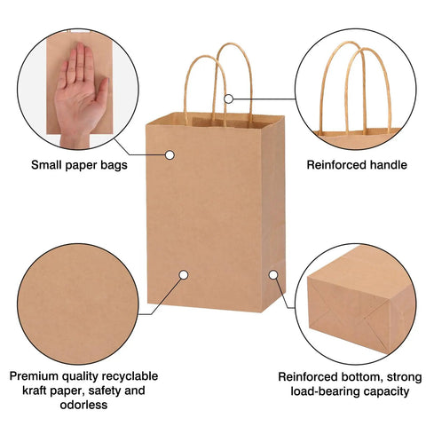60 Pack Small Brown Kraft Gift Bags With Handles 5.25 x 3.2 x 8 Inches Bulk for gifts with diagrams of features