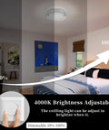 Crystal Flush Mount Ceiling Light With K9 Crystals, 18W LED dimmable brightness levels shown in modern bedroom setting