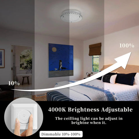 Crystal Flush Mount Ceiling Light With K9 Crystals, 18W LED dimmable brightness levels shown in modern bedroom setting