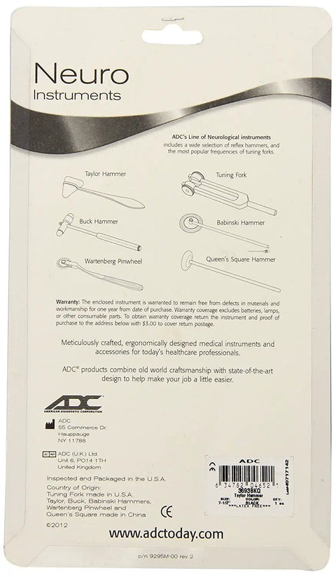 Go To Neurological Reflex Hammer With Chrome Handle And Triangular Synthetic Rubber Head For Testing Joint Reflexes And Checking Bone Fractures, 7 Inch Medical Instrument, Latex Free, Ships In Retail Packaging, One Year Warranty, packaged back view