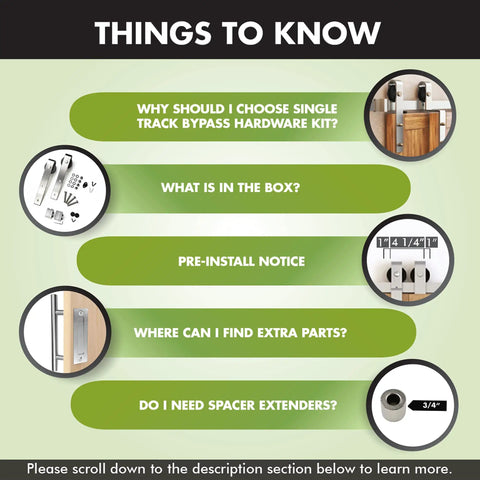 Image detailing FAQs about Brushed Nickel Single Track Bypass Sliding Barn Door Hardware Kit For Double Doors.