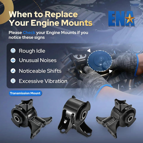 Engine mount replacement guidelines with images of black motor mounts for Honda Accord and Acura TL.