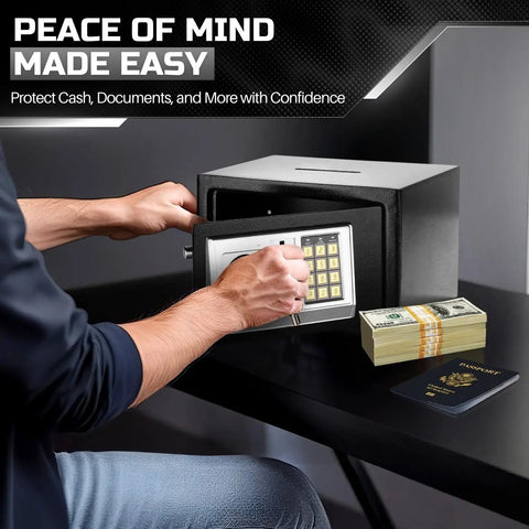 Man using Compact Drop Slot Safe Box With Digital Keypad Lock For Cash Money, Documents, Jewelry, And Valuables, Ideal Home Office Security Cabinet Safe, 12x8x8 Inches, Matte Black Finish.