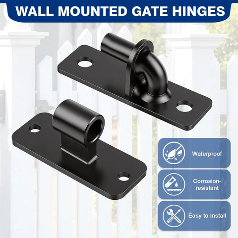 Beefy 6mm Steel Heavy Duty Gate Hinges Two-Pack, 600Lb Per Pair, Wall Mount, Rust Proof E-Coating, shown with waterproof icons