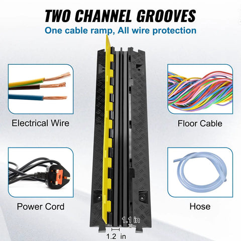 Front view of Beefed Up Heavy Duty 5 Pack TPU Cable Protector Ramp with 2 channel design, showing wire, cable, and hose coverage.
