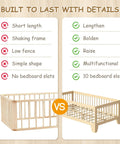 Comparison showing benefits of Low Profile Twin Floor Bed With Quick Release Guardrails And Sturdy Wood Frame.