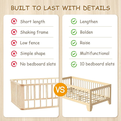 Comparison showing benefits of Low Profile Twin Floor Bed With Quick Release Guardrails And Sturdy Wood Frame.