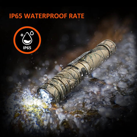 Rechargeable 1800 Lumen Twist Flashlight With 3 Color Modes White Green Red, Adjustable 90 Degree Beam, Camo Body, 360 Rotary Clip, Waterproof LED Torch in water displaying IP65 waterproofing.