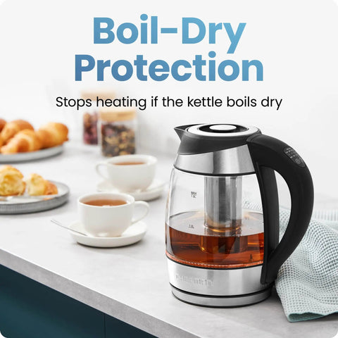 Electric Kettle With Temperature Control And Removable Infuser, Glass 1.8L on kitchen counter with tea setup