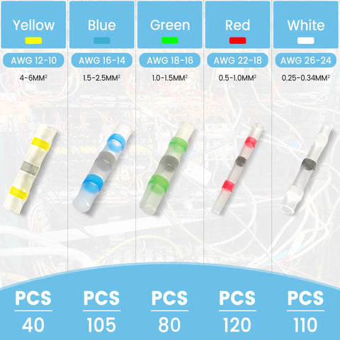 Heat shrink solder-seal butt connector kit with 5 colors (Yellow, Blue, Green, Red, White) for 26-10 AWG; 455 pcs total.