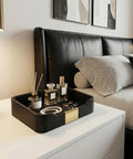Premium PU Leather Valet Tray Organizer for Desk and Nightstand with jewelry and perfume bottles, in bedroom setting.