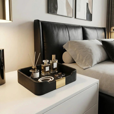 Premium PU Leather Valet Tray Organizer for Desk and Nightstand with jewelry and perfume bottles, in bedroom setting.