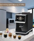 Fully Automatic Espresso Machine With Ceramic Flat Burrs And Nine Grind Size Options on a kitchen counter in an office setting.