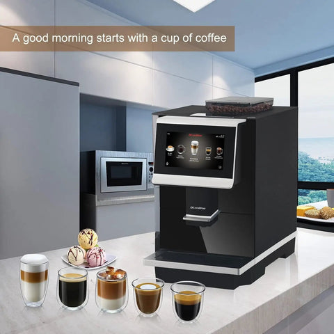 Fully Automatic Espresso Machine With Ceramic Flat Burrs And Nine Grind Size Options on a kitchen counter in an office setting.