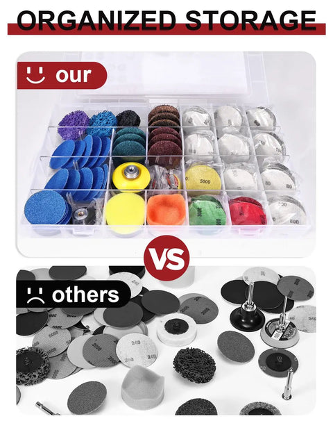221 Pack 2 Inch Die Grinder Sanding Discs Kit organized in a plastic storage box vs scattered discs