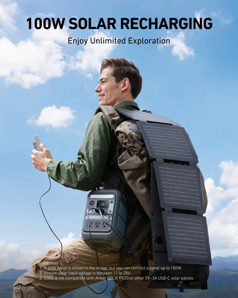 Hiker using SOLIX C300 Portable Power Station With 288Wh LiFePO4 Battery 300W Continuous Power And 600W Surge in nature