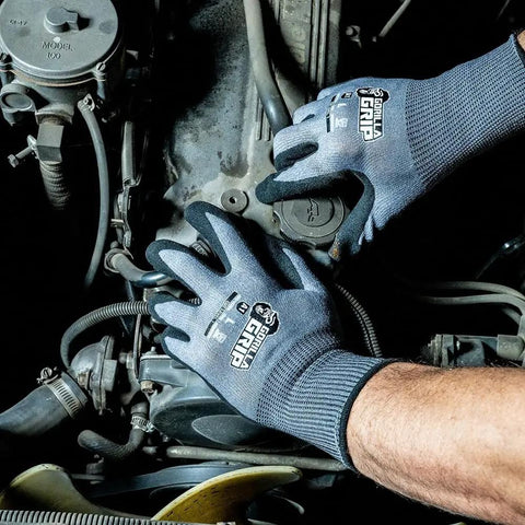 Precision Nitrile Coated Work Gloves With Grippy Ultra Tough Grip For Wet, Dry, And Oily Conditions, ANSI A1 Cut Resistant, Touchscreen Friendly Thumb And Index, Gray Medium, Durable Palm And Finger Protection in use during auto repair.
