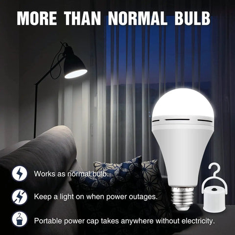 Rechargeable Battery Powered Emergency Light Bulbs 15W 80W Equivalent 6000K Cool White 1500mAh for Power Outages displayed with lamp and portable hook