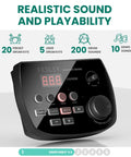 Close-up of FED150 Electronic Drum Set control panel with 200 sounds display, Bluetooth MIDI, and buttons for various functions.