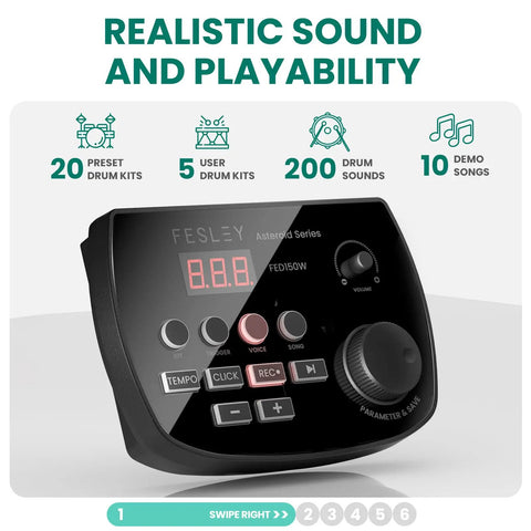 Close-up of FED150 Electronic Drum Set control panel with 200 sounds display, Bluetooth MIDI, and buttons for various functions.