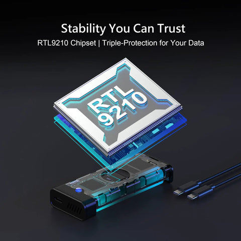 Sleek Aluminum M.2 NVMe SSD Enclosure With Smart Cooling Fan And Hassle Free Tool Free Build Delivers Blazing 10Gbps USB C Speed For 2280 2260 2242 Drives Keeping Your Rig Cool And Quiet Under Load showcasing RTL9210 chipset.