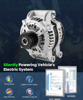 Front view of high-output 220A alternator, suitable for Chrysler, Jeep, Dodge models, showcasing design and features.