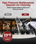 High Pressure Multipurpose Steamer for Cleaning showing before and after results on a stove, highlighting grease removal.