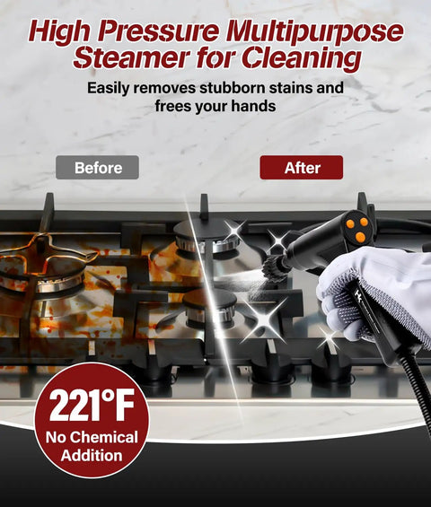 High Pressure Multipurpose Steamer for Cleaning showing before and after results on a stove, highlighting grease removal.