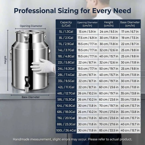 Heavy Duty 1.3 Gallon To 26.4 Gallon Stainless Steel Milk Can With Black Spigot size chart with dimensions and volumes.