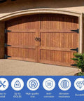 Wooden garage door with 6 Inch T Strap Gate Hinges Heavy Duty With Screws 4 Pack Black Coated Steel For Outdoor Barns Gates And Wooden Fences Corrosion Resistant Rust Proof