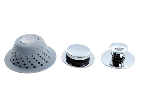 Over Drain Dome Hair Catcher Protector For Shower And Tub Keeps Water Flowing While Trapping Hair No Clog Drama With Silicone And Stainless Steel Design Easy Pop In Fit Durable Gray Drain Cover image showing gray dome and metal stoppers.