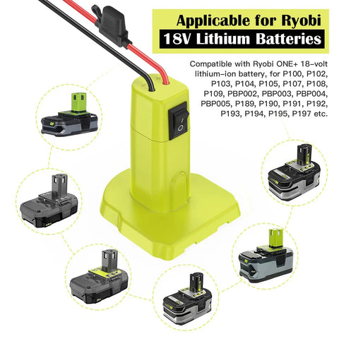 18V Battery Adapter For Power Wheel Conversion Kit With Switch Fuses And Wire Terminals 12 AWG Wire showing compatibility with Ryobi batteries