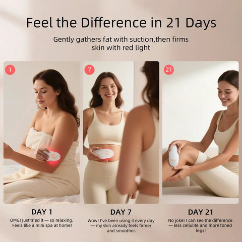 Woman using Three In One Body Sculpting Machine with Vacuum Massage and Red Light Therapy on arm day by day progress.