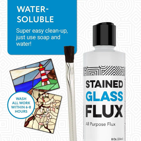Liquid Zinc Flux For Stained Glass Soldering, 8 Oz Water Soluble Formula With Brush Included, works with copper lead zinc foil
