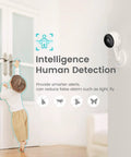 2K Indoor Security Cams Twin Pack With Night Vision, Smartphone App Access, WiFi Home Surveillance, Pet Cam And Baby Monitor on wall detecting child movement.