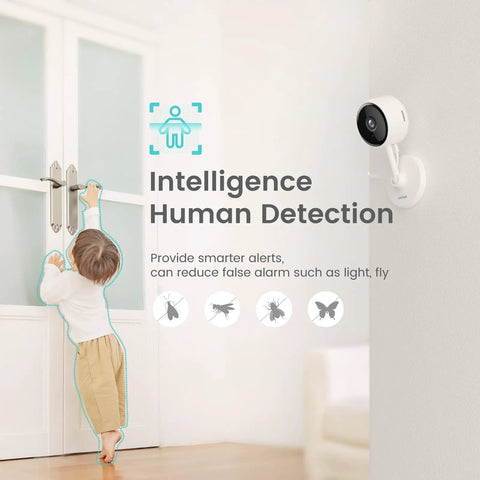 2K Indoor Security Cams Twin Pack With Night Vision, Smartphone App Access, WiFi Home Surveillance, Pet Cam And Baby Monitor on wall detecting child movement.