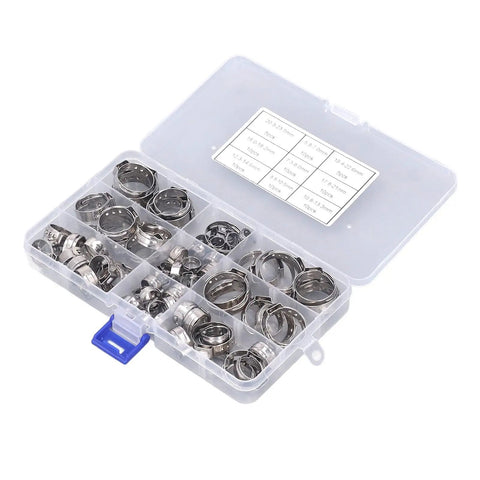 80 Piece Stainless Steel Hose Clamp Assortment Kit With Pliers And Case For Auto Work, Rust Proof Clamping Tools For Plumbing Or Repair Jobs No Leaks Guaranteed To Get The Job Done Right. 80-piece stainless steel hose clamp kit in labeled plastic case