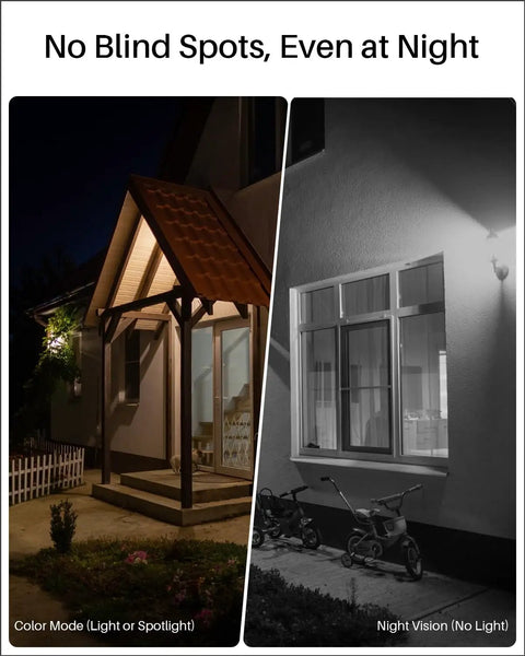 Night view comparison showing color mode and night vision from 2K Wireless Security Camera System For Indoor And Outdoor Home Surveillance, No Monthly Fee, Local 32GB Storage With Base Station, Motion Alerts, Night Vision, 2.4/5GHz WiFi, Works With Alexa And Google, 2 Camera Kit.