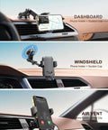 Dashboard, windshield, and air vent views of a 15W Fast Wireless Car Charger Mount With Auto Clamping Cord Free Hands Free Phone Holder