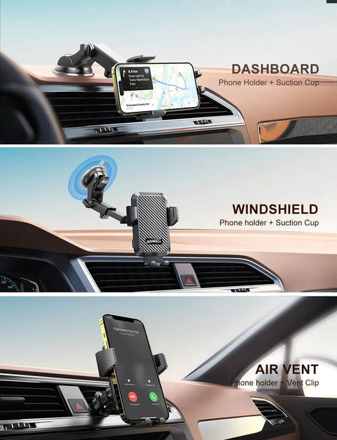Dashboard, windshield, and air vent views of a 15W Fast Wireless Car Charger Mount With Auto Clamping Cord Free Hands Free Phone Holder