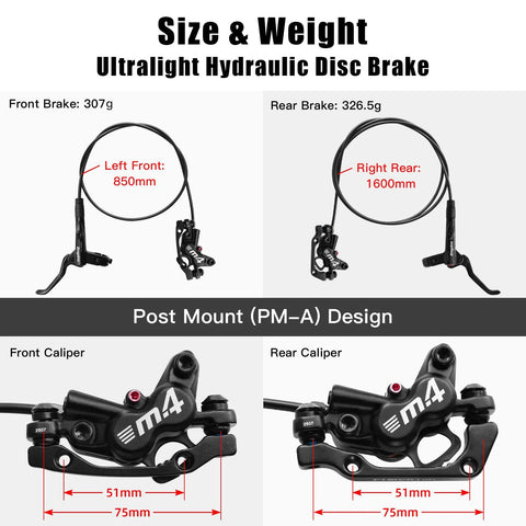 Splumzer MTB 4-piston hydraulic disc brake set, front-left and rear-right PM-A post-mount, 850mm/1600mm cables