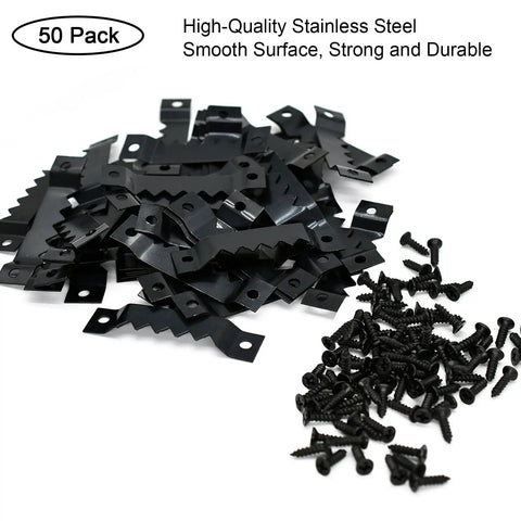 Heavy Duty Sawtooth Picture Hangers 50 Pack With Screws Built Tough For Hanging Canvas Frames Photos Clocks Paintings Artwork And Wall Decor Up To 50 Lbs Hang Like A Pro, showing black steel hangers and screws