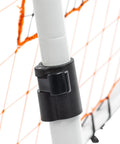 Close-up of Adjustable Soccer Rebounder 6 Foot By 4 Foot For Training With Angles To Practice Ground Passes Knee Chest And Head Trapping Durable Powder Coated Steel With Locking Pins For Secure Setup And Game Ready Drills showing locking pin mechanism on steel frame.