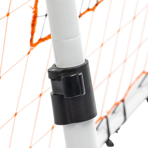 Close-up of Adjustable Soccer Rebounder 6 Foot By 4 Foot For Training With Angles To Practice Ground Passes Knee Chest And Head Trapping Durable Powder Coated Steel With Locking Pins For Secure Setup And Game Ready Drills showing locking pin mechanism on steel frame.