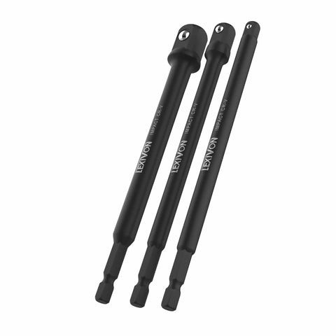 Impact Socket Adapter Set 6 Inch Extension Bar Kit, 3 Piece Set With 1 Quarter Inch, 3 Eighth Inch, And 1 Half Inch Drives, Quick Change Hex Shank With Spring Detent Ball