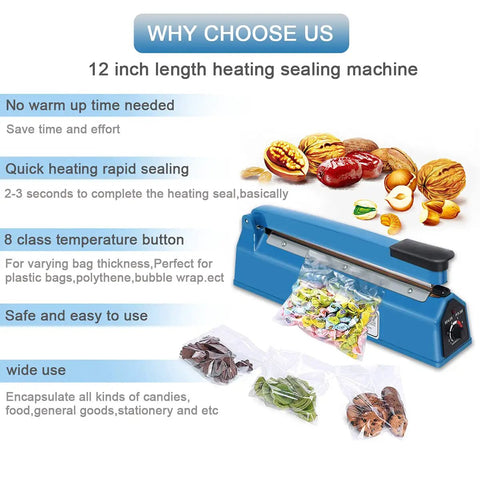 12 Inch Heat Sealer For Bags Of Snacks And Cookies A Must Have Workhorse Poly Bag Sealer With Adjustable Temperature Up To 0.4mm Seals Plastic Mylar PE PP And Kraft Paper Bags Includes Extra Replace Element Grip shown sealing snack bags on blue background