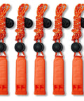 Five-pack Ultra Loud Emergency Whistle 120dB Survival Signaling Whistle for camping, hiking, boating; orange plastic with lanyards.