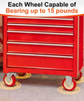 Red tool cabinet with Eight Pack 1 Inch Caster Wheels With 360 Degree Swivel Plate Castors For Furniture Drawers Storage Bins DIY Projects Red Heavy Duty Silent Ball Bearing Wheels For Smooth Quiet Movement visible underneath.