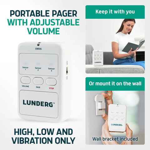 Wireless Early Alert Bed Alarm System for Seniors and Fall Prevention, No Wires, No Bedside Noise, Alerts Sent to Your Pager, Keeps Loved Ones Dignified While Boosting Nighttime Safety. Portable pager with adjustable volume and wall bracket