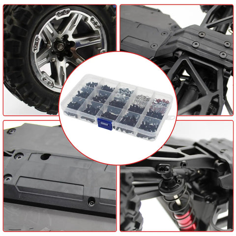 Traxxas Compatible 520 Piece Universal RC Screw Kit Screws Assortment Set in plastic case with RC car parts close-ups